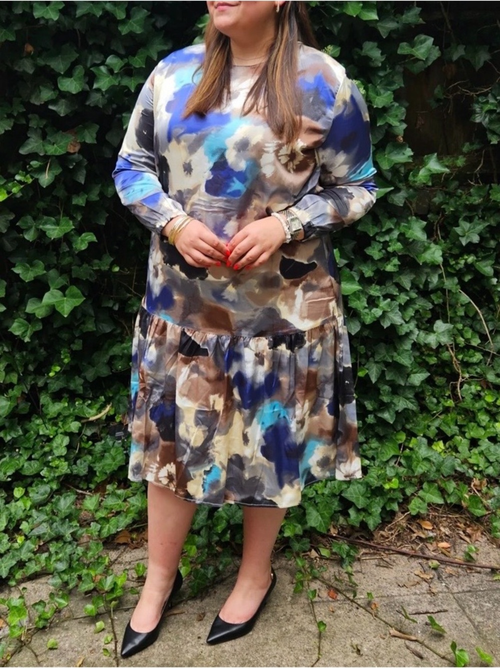 SWUUN Motif Watercolor Floral Drop Waist Satin Midi Dress Plus Size 3X